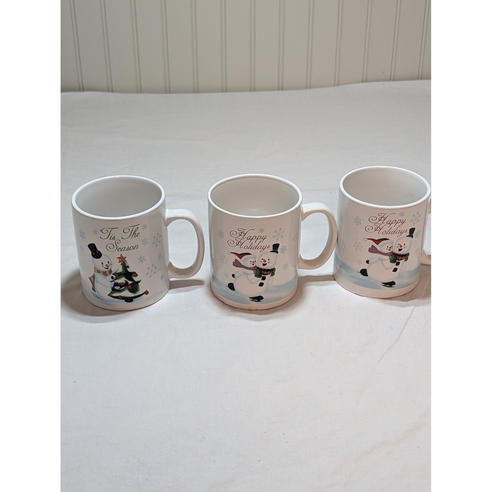 FSG Christmas Snowman Coffee Mug Set of 3 Happy Holidays Tis The Season Ceramic